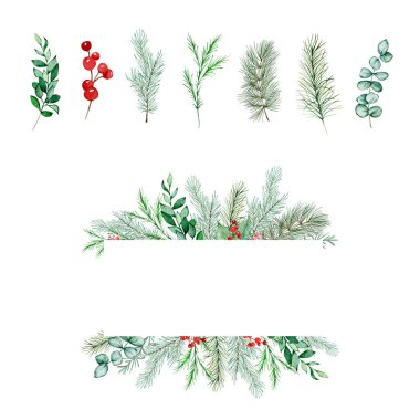 Noel çerçevesi suluboya kış yeşilliği çiçekli, zarif kart tasarımı