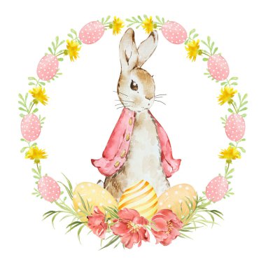 Sulu Paskalya Çelengi, tatlı Paskalya Tavşanı Peter Tavşanı, yumurta, pastel renkli bahar çiçekleri. Paskalya suluboya posterleri, kapak tasarımı, tebrik kartı