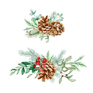 Çiçek, yapraklar ve dallar, Noel kartları ve davetiyeler için tasarlanmış suluboya buketler.