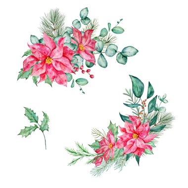 Çiçek, yapraklar ve dallar, Noel kartları ve davetiyeler için tasarlanmış suluboya buketler.