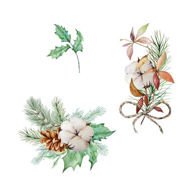 Çiçek, yapraklar ve dallar, Noel kartları ve davetiyeler için tasarlanmış suluboya buketler.