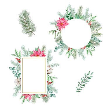 Noel çerçeveleri suluboya kış çiçekli, zarif kart tasarımlı