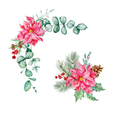 Çiçek, yapraklar ve dallar, Noel kartları ve davetiyeler için tasarlanmış suluboya buketler.