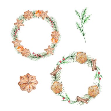 Sulu zencefilli ekmek ve kış yeşili çiçekli, zarif kart tasarımlı Noel çelenkleri.