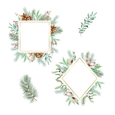 Noel çerçeveleri suluboya kış çiçekli, zarif kart tasarımlı