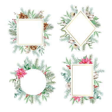 Noel çerçeveleri suluboya kış çiçekli, zarif kart tasarımlı