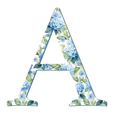 Suluboya ortanca çiçekleri mavi harf A kart tasarımı, baş harfler, monogram baskısı