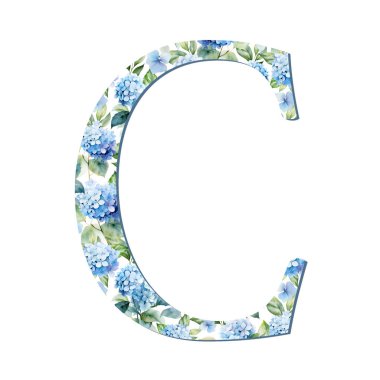Suluboya ortanca çiçekleri kart tasarımı için mavi harf C, baş harfler, monogram baskısı