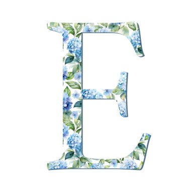 Suluboya ortanca çiçekleri kart tasarımı için mavi harf E, baş harfler, monogram baskısı