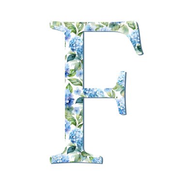 Suluboya ortanca çiçekleri kart tasarımı için mavi harf F, baş harfler, monogram baskısı