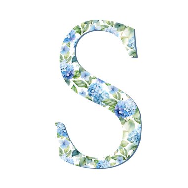 Suluboya ortanca çiçekleri kart tasarımı için mavi harf S, baş harfler, monogram baskısı