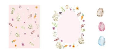 Tatlı Paskalya tavşanları, yumurta ve pastel renkli bahar çiçekleriyle dolu Mutlu Paskalya suluboya kartları. Paskalya suluboya posterleri, tasarımı kapsıyor