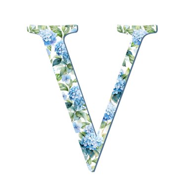 Suluboya ortanca çiçekleri kart tasarımı için mavi harf V, baş harfler, monogram baskısı