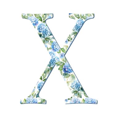 Suluboya ortanca çiçekleri kart tasarımı için mavi harf X, baş harfler, monogram baskısı