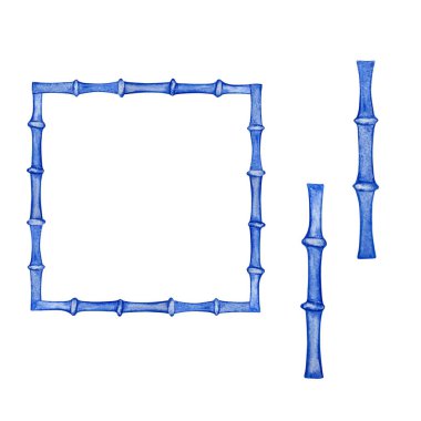 Mavi çerçeveli suluboya bambu sapları, pankartların tasarımı ve dekorasyonu için kenar, davetiyeler ve kartpostallar