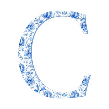 Suluboya Mavi Chinoiserie çiçekli C harfi, klasik alfabe.