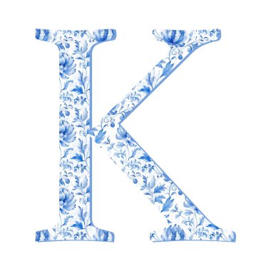 K harfi mavi Chinoiserie çiçekli, klasik alfabeli.