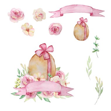 Kurdele ve bahar çiçekli suluboya Paskalya Yumurtası, sevimli illüstrasyon seti