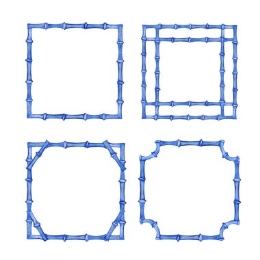 Mavi çerçeveli suluboya bambu sapları, pankartların tasarımı ve dekorasyonu için kenar, davetiyeler ve kartpostallar