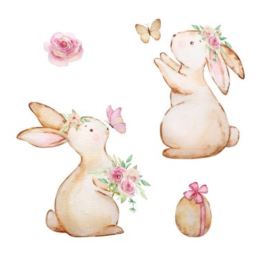 Kelebekli ve bahar çiçekli suluboya Paskalya Tavşanları, şirin illüstrasyon seti