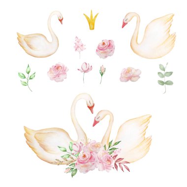 Suluboya Beyaz Prenses Kuğular taç, pembe gül buketli romantik kuş baskı ve tasarım için