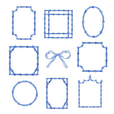 Blue frame set of watercolor bamboo stems, border for the design and decoration of banners, invitations, and postcards clipart