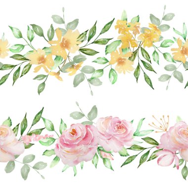 Suluboya ile kusursuz sınırlar pembe güller, çiçekler ve yapraklar, basım için estetik tasarım