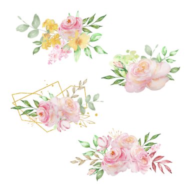 Suluboya pembe estetik güller, zarif çiçekler ve tasarım ve baskı için yapraklar.