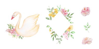 Beyaz kuğu ve pembe gül desenli çerçeveler. Çiçek buketi, estetik tasarım.