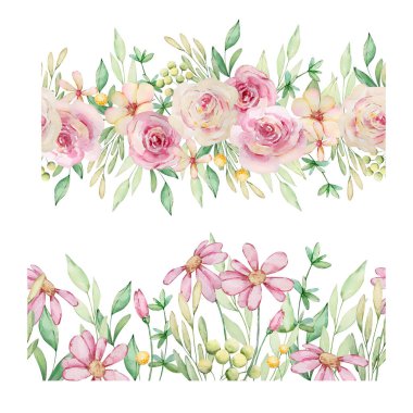 Çiçeksiz sınırlar, suluboya pembe çiçekler ve yeşil yapraklarla dizayn ve baskı için.