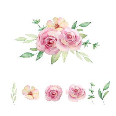 Çiçek buketi pembe çiçekli ve yeşil yapraklı tasarım ve baskı için