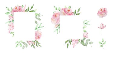 Suluboya allık gül çiçekli ve yapraklı çerçeve, basım için estetik tasarım.