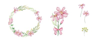 Zarif çiçek dekoru ve suluboya pembe çiçekler ve tasarım ve baskı için yeşil yapraklı buket.