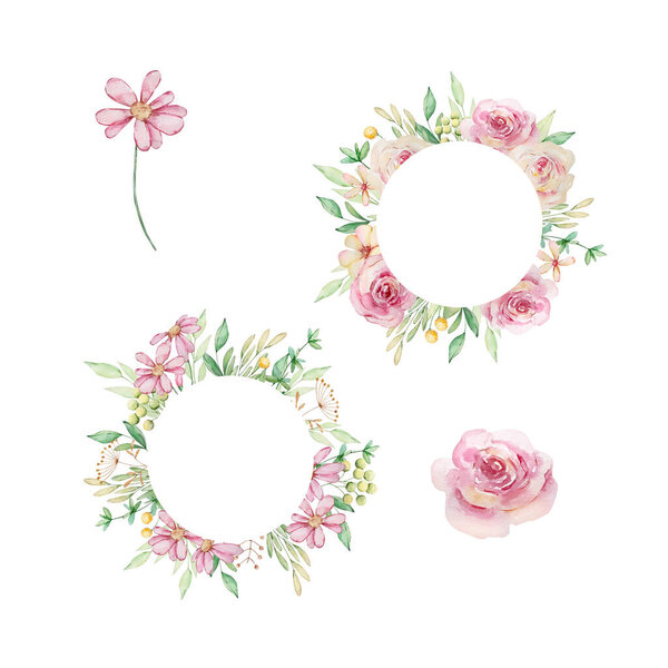 Цветочные рамки с акварелью розовые цветы и зеленые листья для дизайна и печати