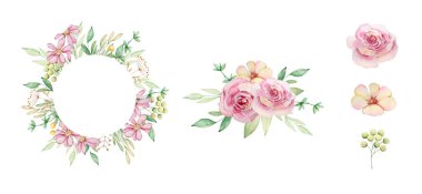 Zarif çiçek dekoru ve suluboya pembe çiçekler ve tasarım ve baskı için yeşil yapraklı buket.