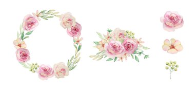 Zarif çiçek dekoru ve suluboya pembe çiçekler ve tasarım ve baskı için yeşil yapraklı buket.