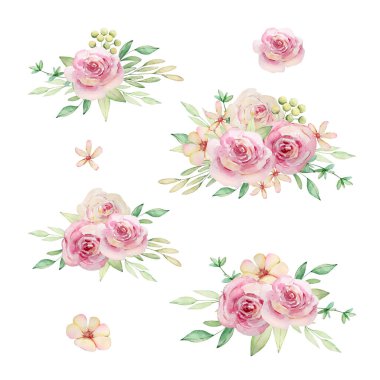 Çiçek buketi pembe çiçekli ve yeşil yapraklı tasarım ve baskı için