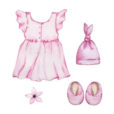 Bebek kıyafetleri, bej renginde suluboya resimler, bebek partisi veya doğum günü partisi dekorasyonu için gerekli şeyler..