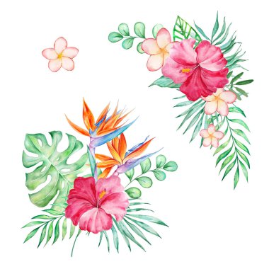 Yaz tasarımları için suluboya bir buket tropikal çiçek ve yapraklar..