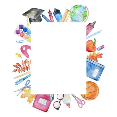 Su boyası okul malzemeleriyle dikdörtgen çerçeve, okula dönüş, kopya alan tasarımı.