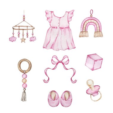 Bebek kıyafetleri ve oyuncaklarından oluşan suluboya resimler, bej renkli pastel renkler, bebek partisi ya da doğum günü partisi dekorasyonu için gerekli şeyler..