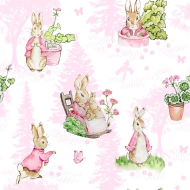 Beatrix Potter, Peter Rabbit ve arkadaşları ile kusursuz desen, baskı ve tasarım için peri masalı geçmişi.