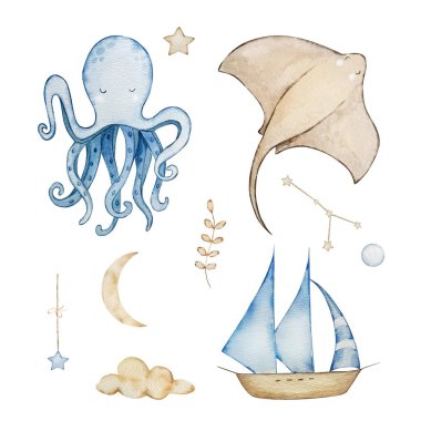 Su altı hayvanları, afişler, davetiyeler ve kartlar için rüya gibi tasarım..