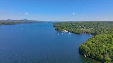 Lake Memphremagog aerial view in summer in Memphremangog Regional County Municipality RCM in Province of Quebec QC, Canada. 