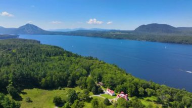 Lake Memphremagog aerial view in summer in Memphremangog Regional County Municipality RCM in Province of Quebec QC, Canada. 