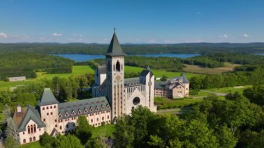 Abbaye de Saint Benoit du Lac aerial view on the Lake Memphremagog in Memphremagog County, Quebec QC, Canada.