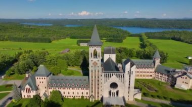Abbaye de Saint Benoit du Lac aerial view on the Lake Memphremagog in Memphremagog County, Quebec QC, Canada.