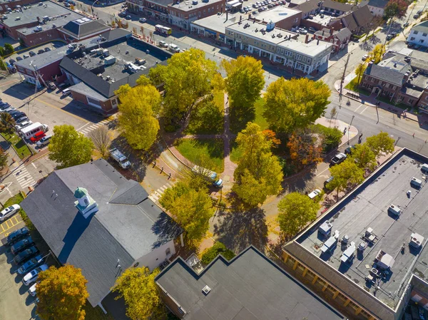 stock image Lexington town center and Historical Society building aerial view in fall at Depot Square on Massachusetts Avenue, town of Lexington, Massachusetts MA, USA. 