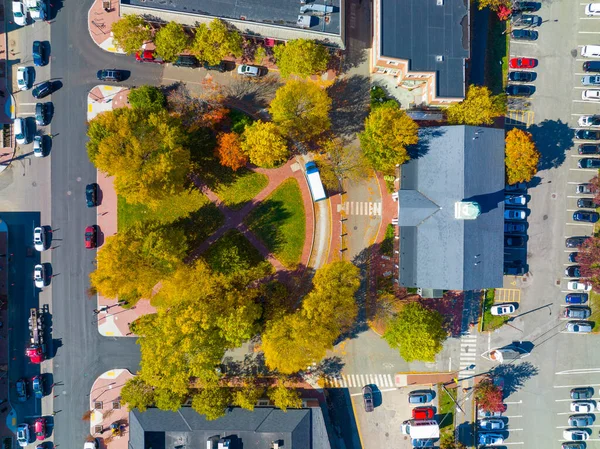 Stock image Lexington town center and Historical Society building aerial view in fall at Depot Square on Massachusetts Avenue, town of Lexington, Massachusetts MA, USA. 