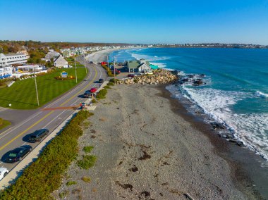 Long Sands Beach hava görüntüsü sonbaharda York Beach kasabasında Maine ME, ABD. 